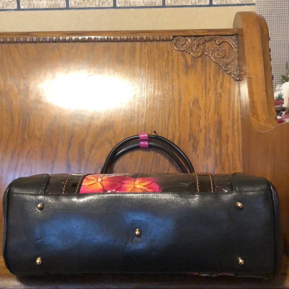 NWT-Marino Orlandi-Embossed Leather Satchel-Black-Tropical 🌺 Flowers-Italian 🇮🇹 - Picture 10 of 16
